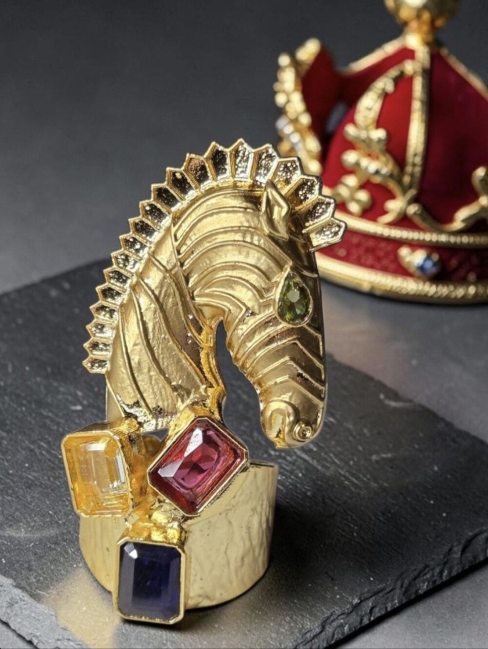Huge 18k Gold Plated Custom Byzantine Trojan Horse Equestrian Crystal Ring